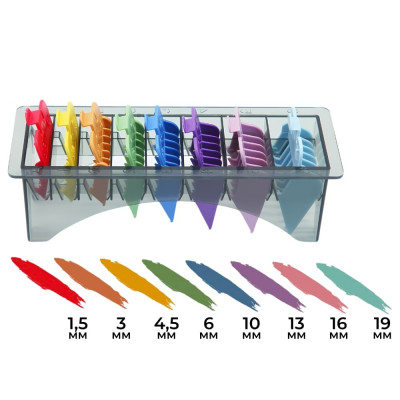 Набор разноцветных пластиковых насадок DiBiDi для машинок Wahl, JRL, Babyliss Pro и DiBiDi, 8 шт в коробке (1,5 мм - 19 мм) Набор разноцветных пластиковых насадок DiBiDi для машинок Wahl, JRL, Babyliss Pro и DiBiDi, 8 шт в коробке (1,5 мм - 19 мм)